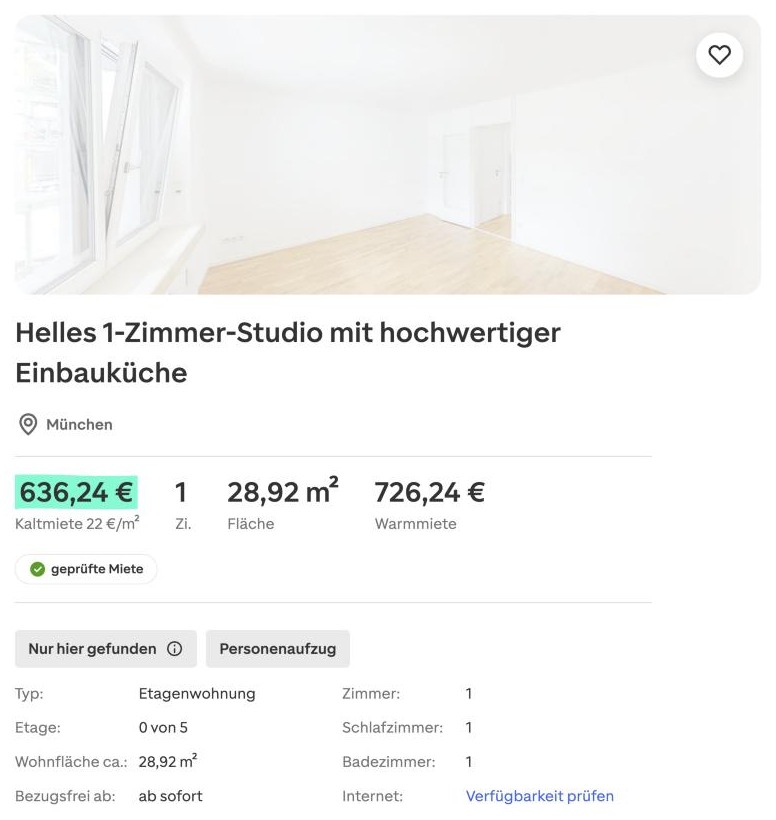 Anzeige auf dem Wohnungsportal: Helles 1-Zimmer-Studio mit hochwertiger Einbauküche, München, 726,24 € warm